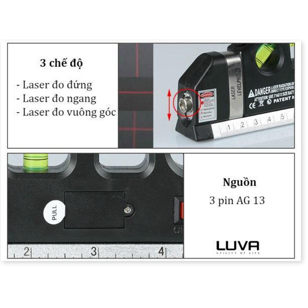 Thước đo/máy đo khoảng cách bằng laser cầm tay giá rẻ PRO 3 (Đen) - Đa chức năng: ni vô nằm đứng xiên 45 ° thước rút 2.5