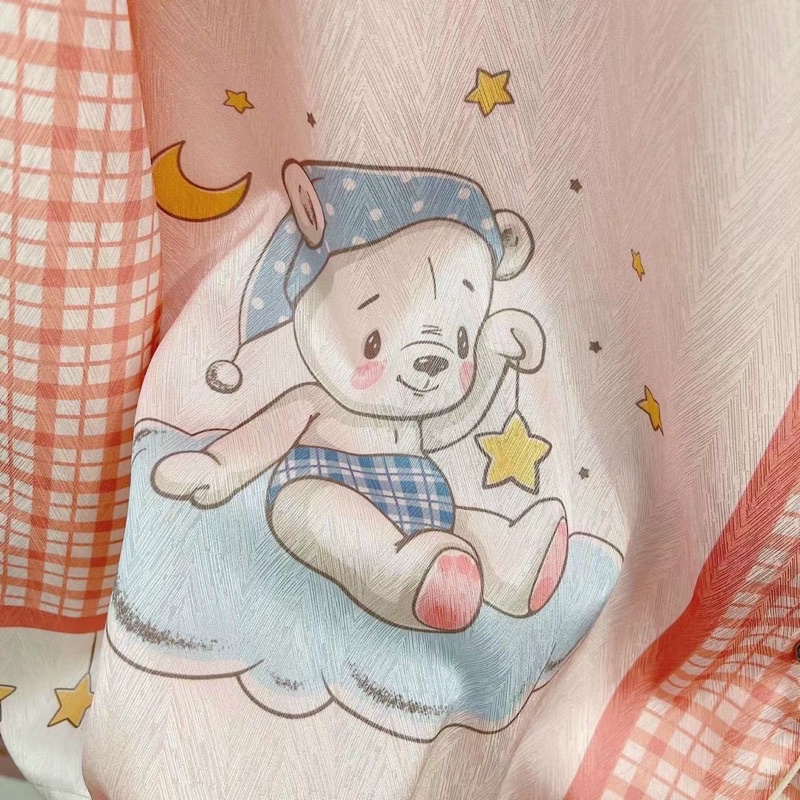 bộ pijama cao cấp lụa xước Quảng Châu tay dài gia đình gấu