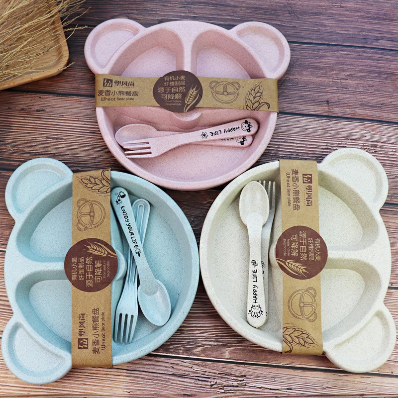 Set Đĩa Ăn Dặm Lớn Kèm Thìa Dĩa Hình Mặt Gấu Lúa Mạch Cho Bé