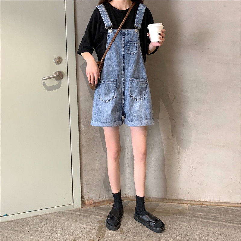 ▧❄Mùa hè 2020 phong cách mới quần short denim Hàn Quốc dành cho nữ sinh với cạp cao và yếm rộng rãi có lỗ để giả