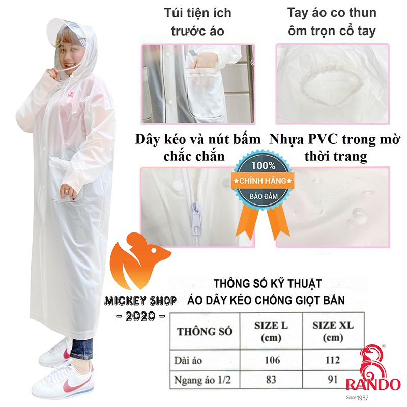 Áo Mưa RANDO Dây Kéo Chống Giọt Bắn APPC-11 | PVC Trong Mờ - Bít Sườn Che Kín Toàn Thân - Có Kiếng Che Mặt