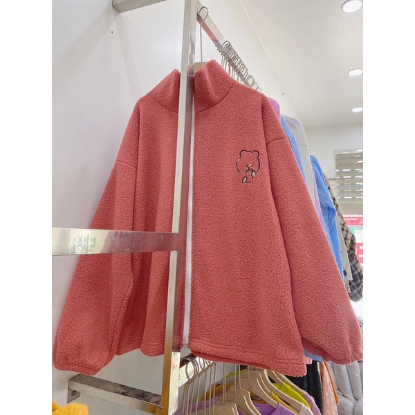 Áo Khoác Lông Cừu Thêu Gấu Nữ [FREESHIP] 🌸 Jacket nỉ bông form rộng tay bồng siêu ấm màu HỒNG | VÀNG | NÂU Ulzzang 🌸 | BigBuy360 - bigbuy360.vn