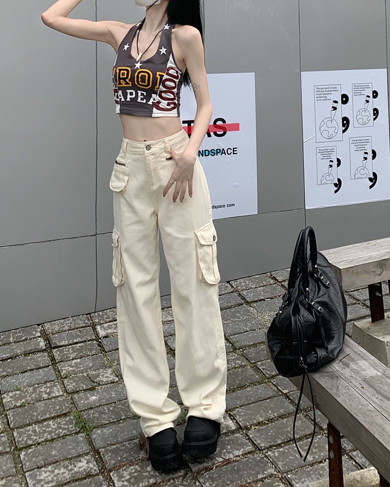 Quần jean Peppermint 52741 lưng cao ống suông phối nhiều túi phong cách thời trang retro Mỹ