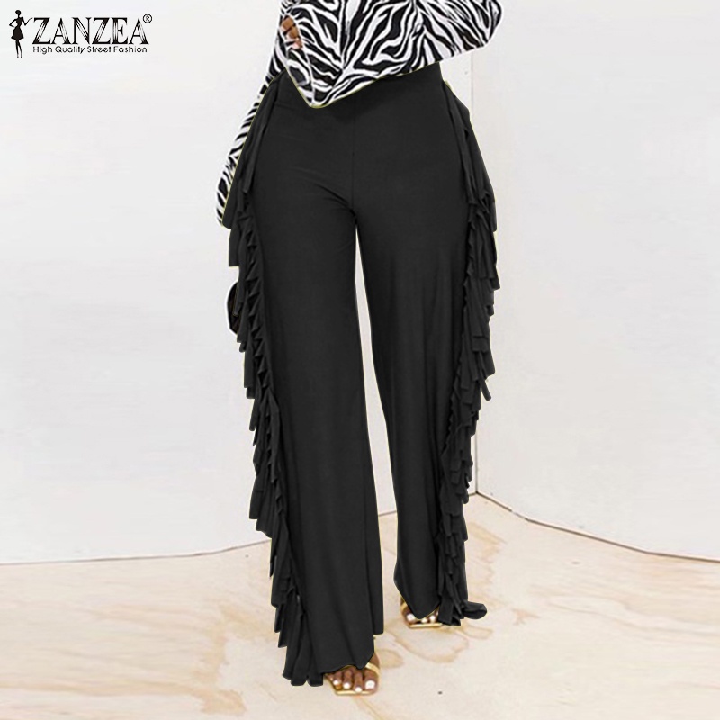 Quần dài lưng thun Zanzea màu trơn phối tua rua thời trang cho nữ