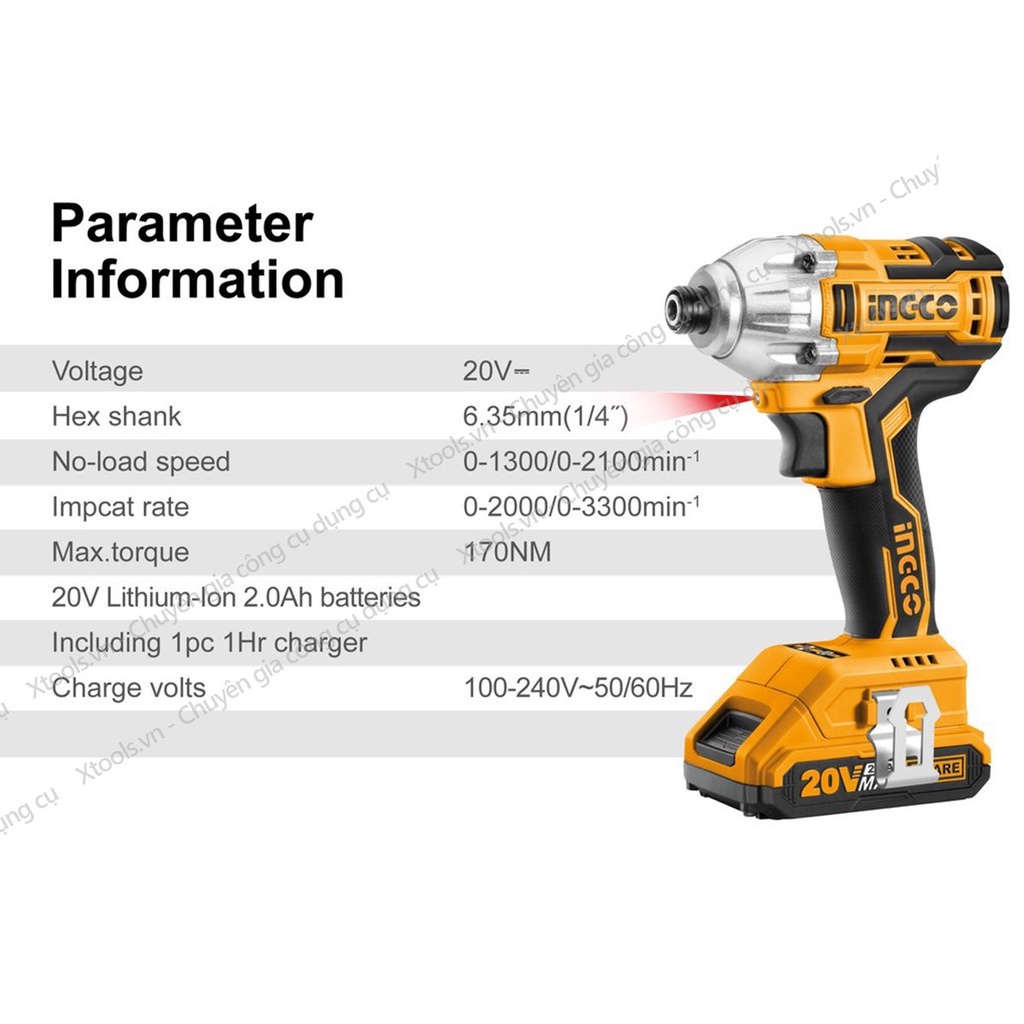 Máy Siết vít dùng pin Lithium 20V INGCO CIRLI2002 không chổi than, kèm 2 Pin 1 Sạc 5 mũi bắn vít, Máy bắn vít cầm tay