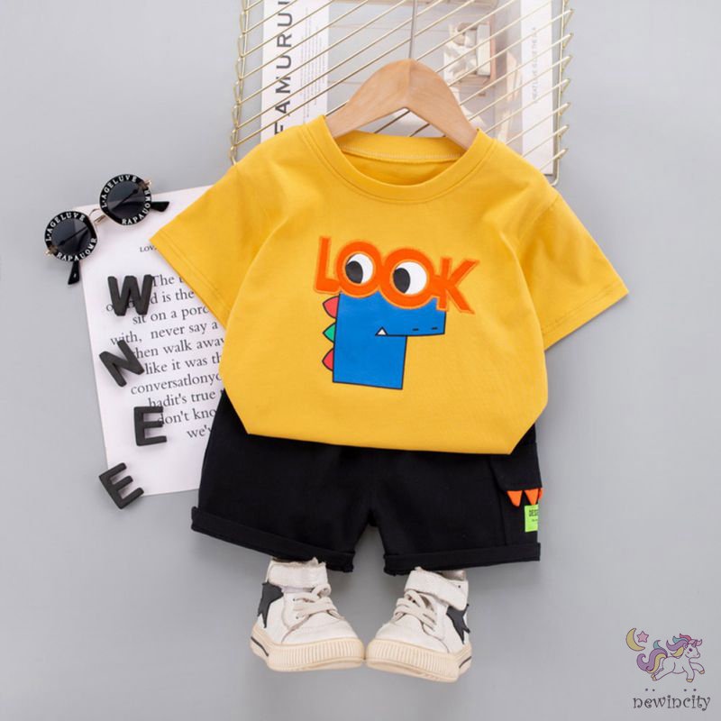 Set Đồ 2 Món Gồm Áo Cotton Tay Ngắn In Hình Khủng Long Dễ Thương + Quần Ngắn Cho Bé Trai