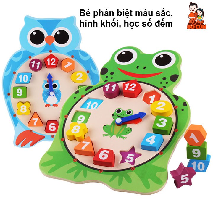 Đồng hồ phân biệt màu sắc hình khối con cú, con ếch giúp bé học xem giờ