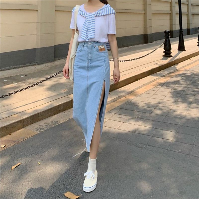 Chân váy bò xẻ tà dáng dài chân váy jean
