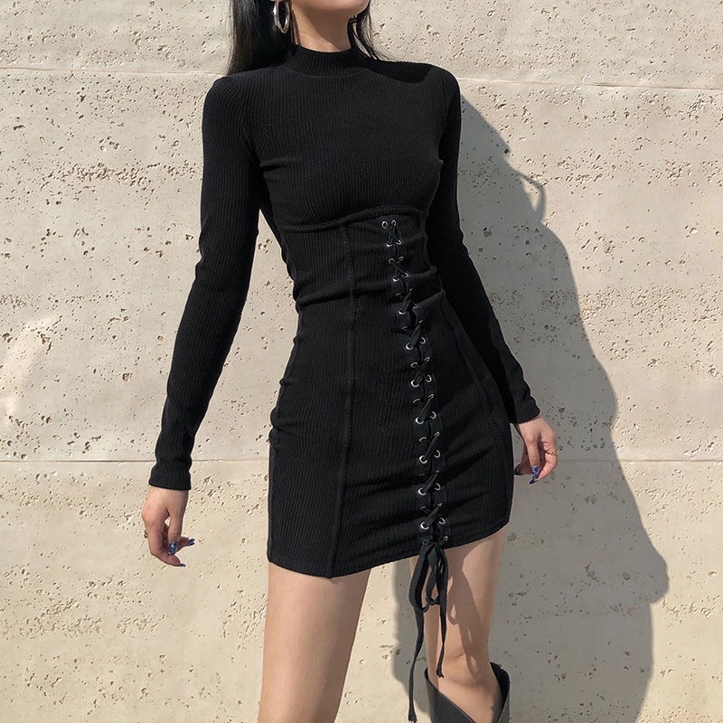 Váy len tăm tay dài ôm body giả corset đan dây trước cá tính sexy cho nữ