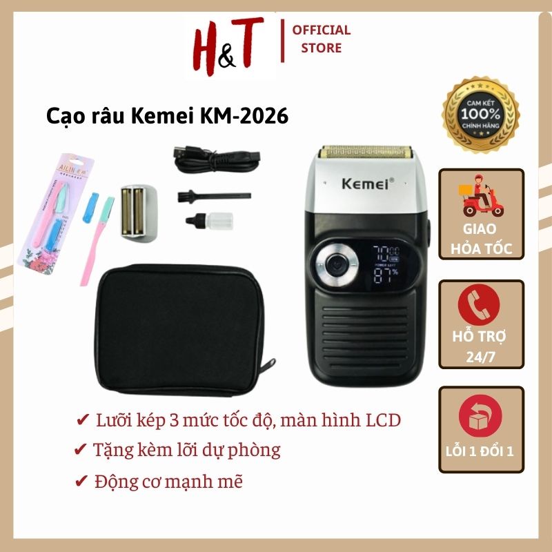 ✨Bảo hành 12 tháng✨ Máy cạo râu Kemei-2026 lưỡi kép có 3 mức tốc độ màn hình LCD, động cơ mạnh mẽ tặng dao dạo alin