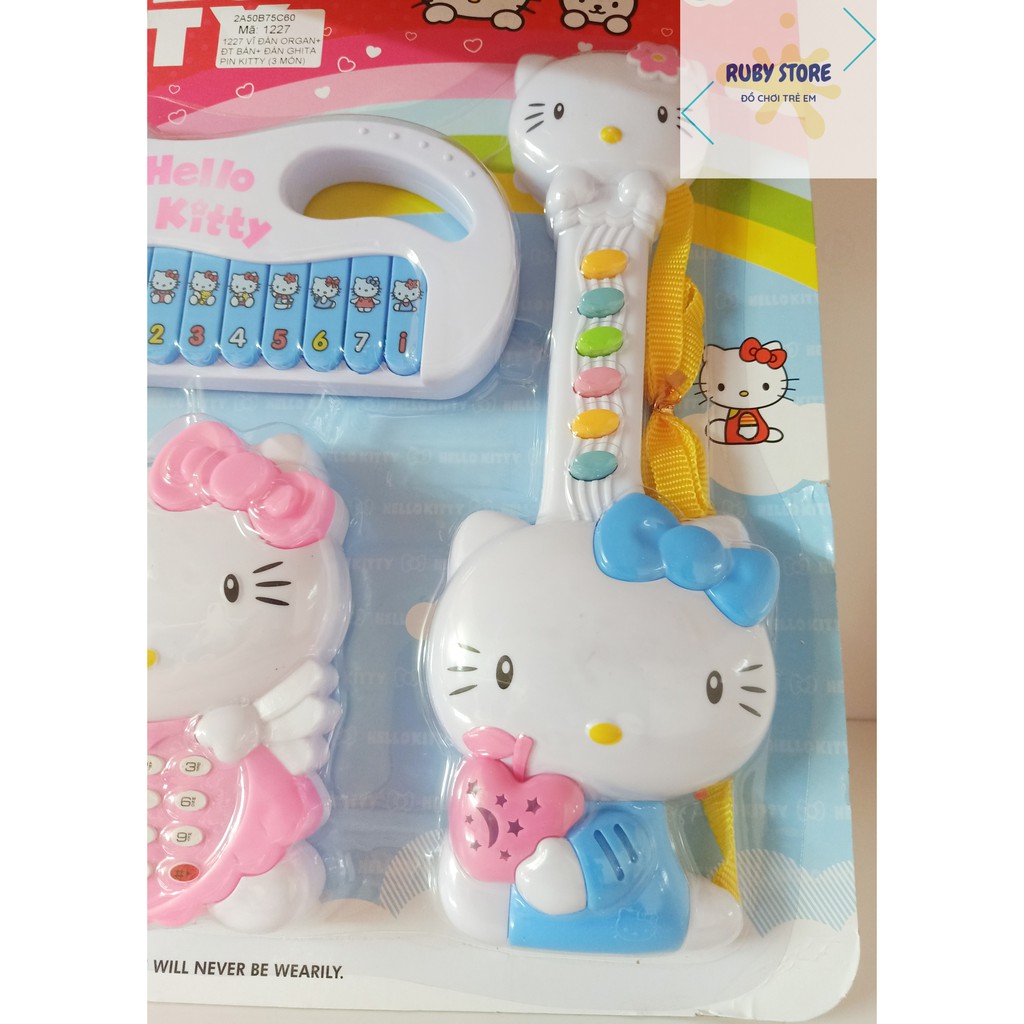 Đồ chơi THIÊN TÀI ÂM NHẠC 3 - VỈ 3 MÓN ĐÀN ORGAN, ĐÀN GUITAR VÀ ĐIỆN THOẠI BÀN HELLO KITTY (Dùng pin) SHOP MẸ BÚN