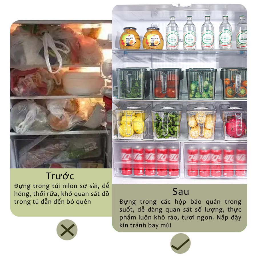 Hộp Đựng Thực Phẩm Tủ Lạnh Tách Nước Có Tay Cầm, Chất Liệu Cao Cấp, Trong Suốt, Đảm Bảo An Toàn Sức Khoẻ
