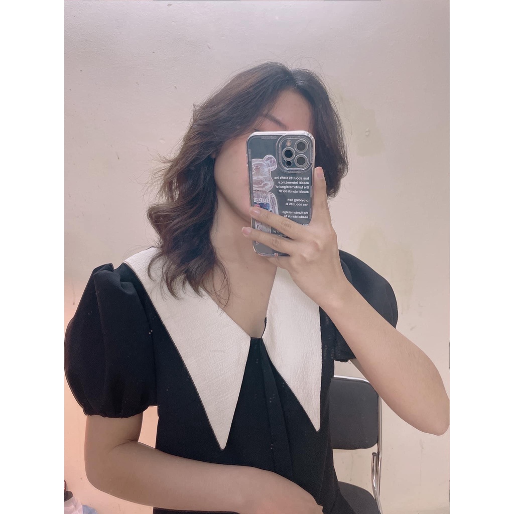 [SẴN/ VIDEO THẬT] Đầm Váy Đen Cổ Chéo Trắng Túi Nắp Đầm Váy Chữ A | BigBuy360 - bigbuy360.vn