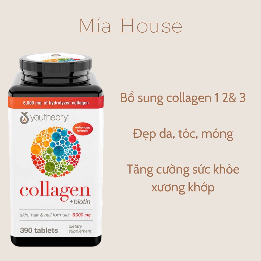 Viên uống bổ sung Collagen + Biotin Youtheory 390 viên