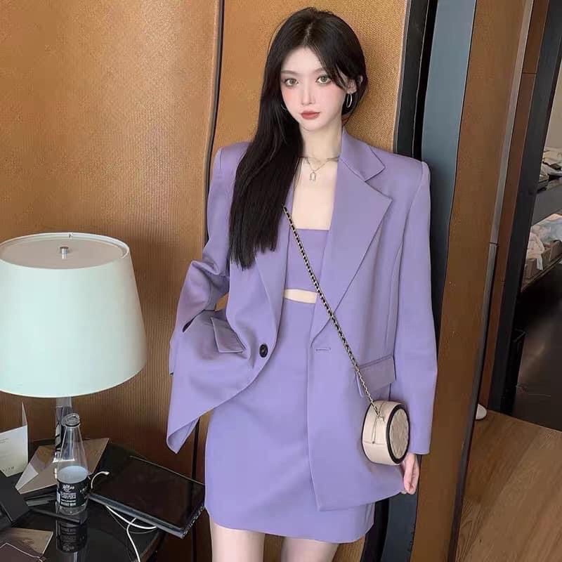 SET ÁO KHOÁC BLAZER MIX VÁY 2 DÂY TÍM