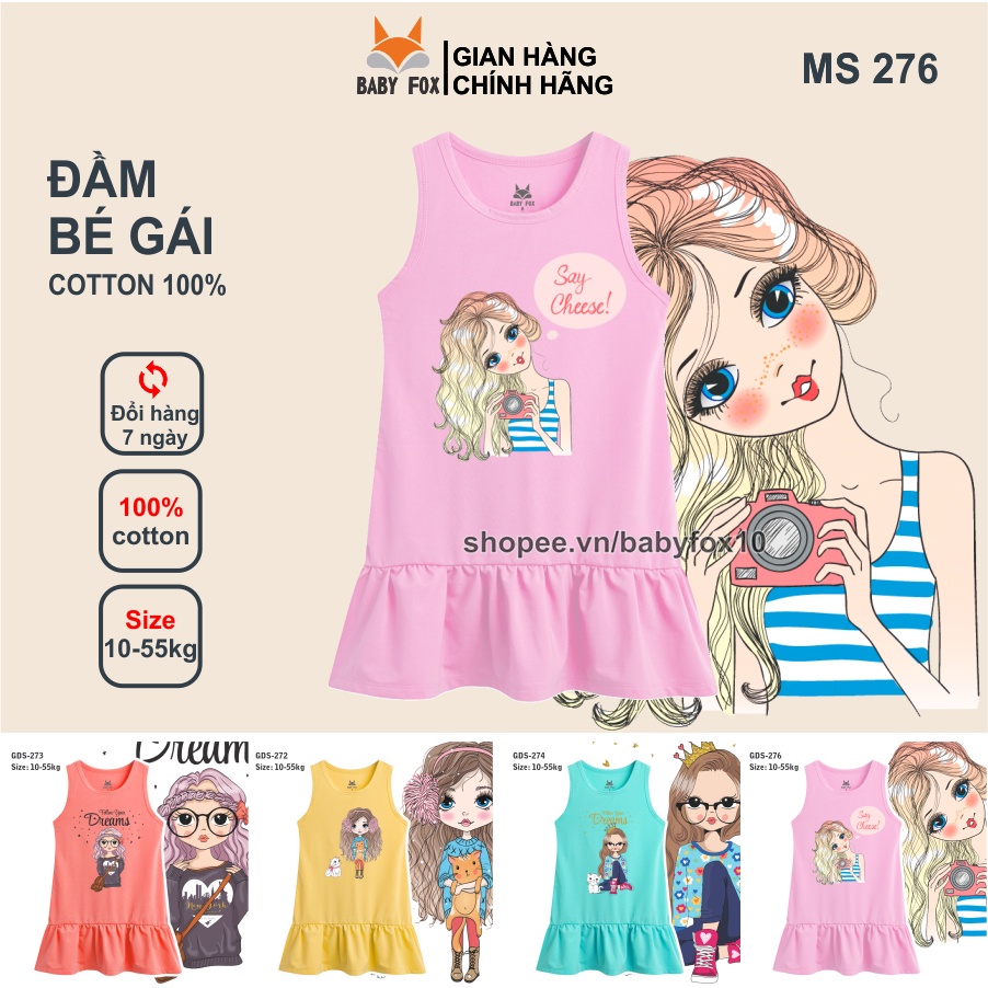 Đầm bé gái 100% cotton loại tốt, thương hiệu BABY FOX, in hình bé gái, size nhỏ, trung, đại b