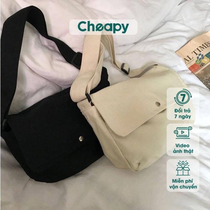 Túi tote đeo chéo unisex vải canvas đen trắng đi học đi làm size to a4 cheapy T15