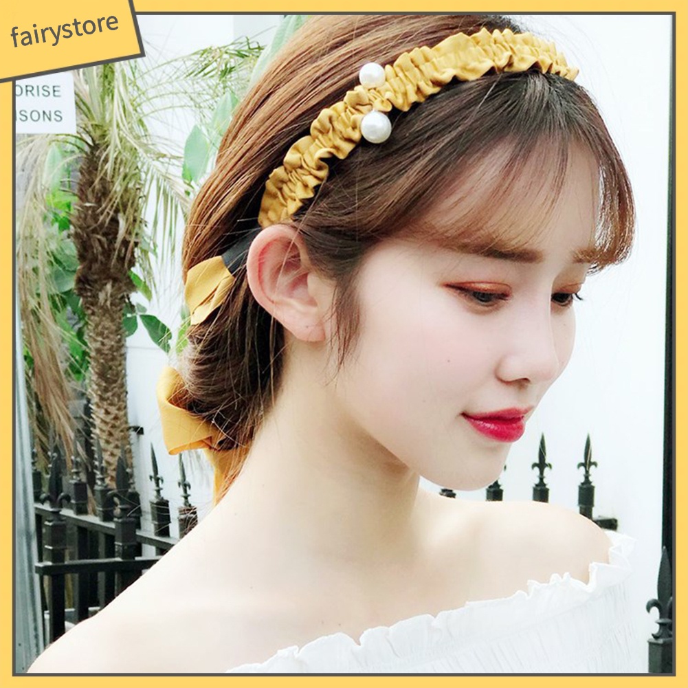 Băng Đô Cài Tóc Buộc Dây Ruy Băng Đính Ngọc Trai Nhân Tạo Xinh Xắn Dành Cho Phụ Nữ