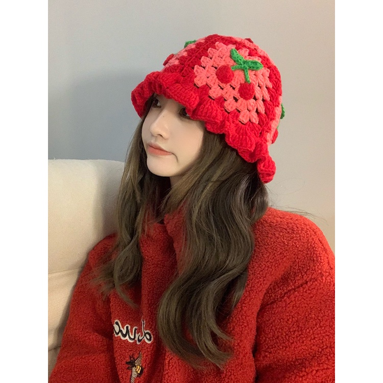 Mũ Bucket Len Dệt Kim Thủ Công In Hình Cherry Phong Cách Nhật Bản Dễ Thương