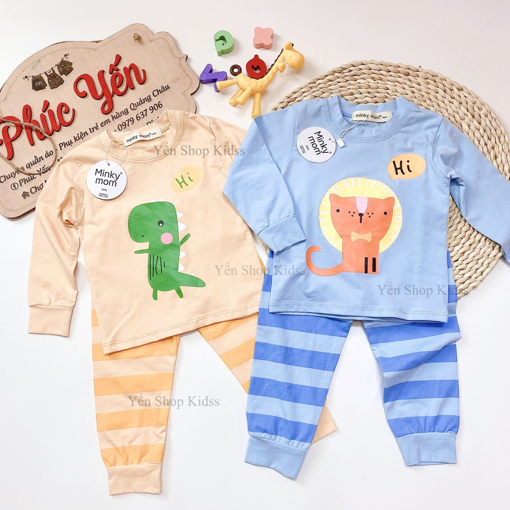 Sale !!! Bộ Dài Tay  Minky Mom Cotton 100 %  Họa Tiết Động Vật Gấu Nâu Xanh-Quần Kẻ Cho Bé_Super Sale (7-19kg) (1309 )