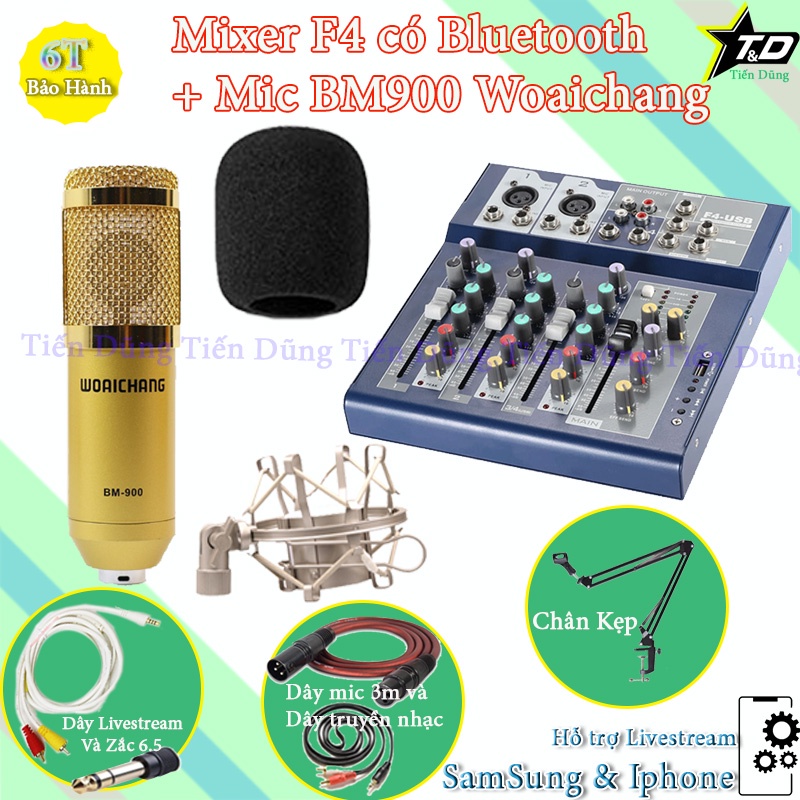 Combo mic thu âm bm900 woaichang shockmourt kim loại với Mixer F4 chân dây livestream chế dây mic 3m zắc 6.5 dây nhạc