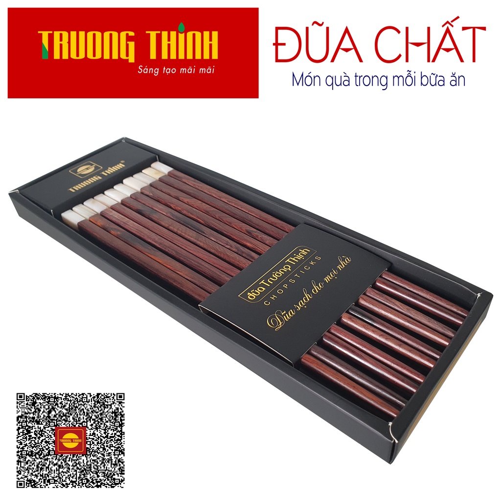 Đũa Gỗ Trắc Vân Đầu Gắn Ngọc Trắng - Hộp Màu Đen - 10 Đôi Vuông