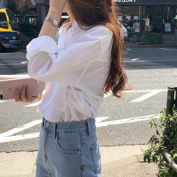 Áo Sơ Mi Nữ Tay Dài Dáng Rộng Màu Trơn Phong Cách Hàn Quốc