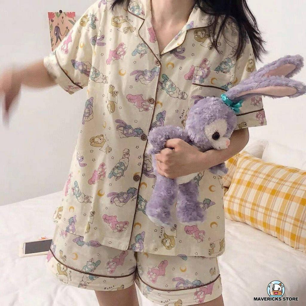Bộ đồ ngủ ngắn tay họa tiết hoạt hình phong cách Hàn Quốc cho nữ