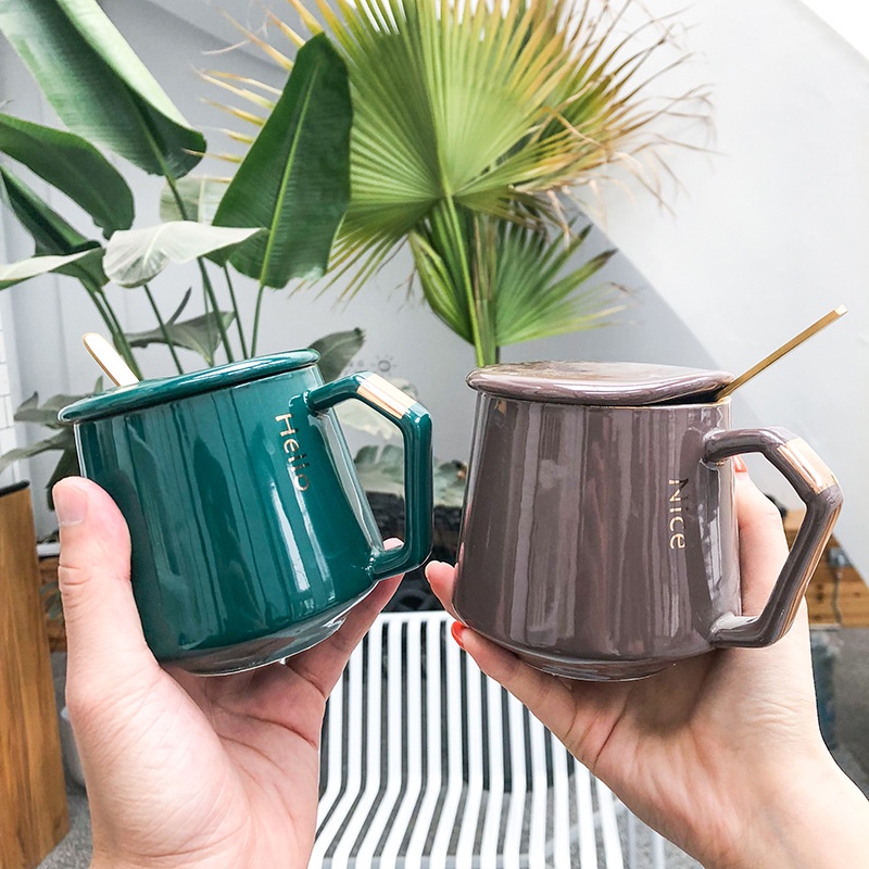 Cốc sứ uống nước, cafe cao cấp 400ml có nắp đậy, ly sứ văn phòng kèm thìa vàng
