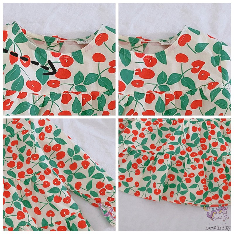 Đầm cotton dài tay in họa tiết quả anh đào đáng yêu dành cho bé gái