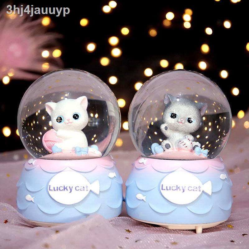 ☸ ☋ ▥ (Giá Hủy Diệt)❒♕Mèo con Quả cầu thủy tinh Quả cầu pha lê Hộp âm nhạc Ánh sáng đêm cho trẻ em Cô gái tưởng tượng Cô