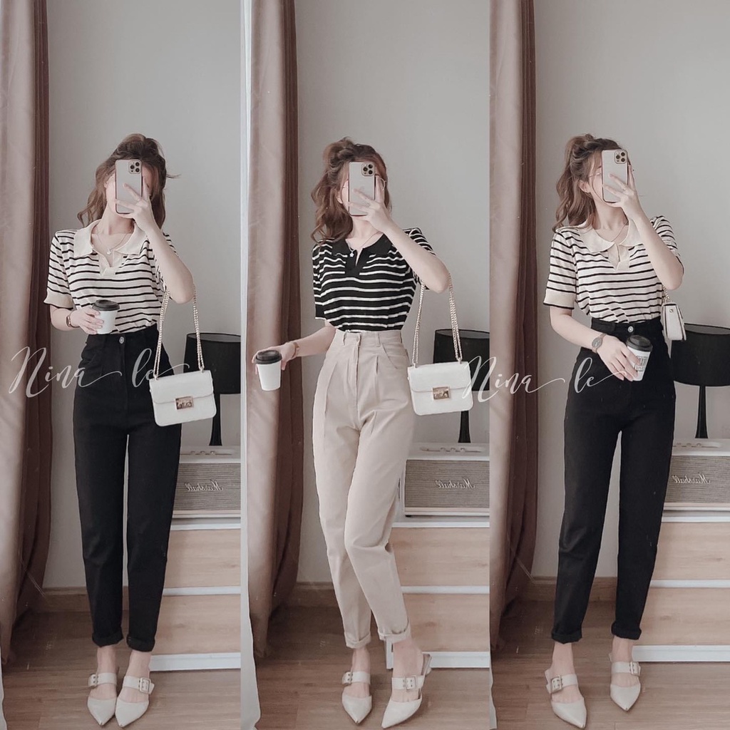 Áo polo kẻ basic Rubi fashion áo chất len mongtoghi cổ V tay ngắn họa tiết sọc ngang siêu đẹp A142