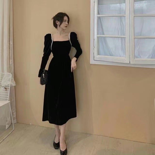 Đầm chữ A tay dài cổ vuông phong cách Hàn Quốc thời trang mùa xuân dành cho nữ