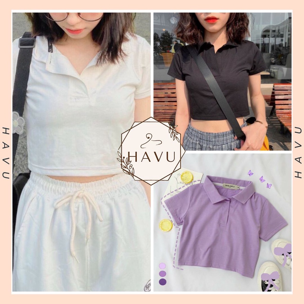 Áo croptop cổ sơ mi cộc tay nữ - Thun trơn body dáng cộc phong cách vintage màu TRẮNG | ĐEN | XANH | TÍM cá tính ulzzang