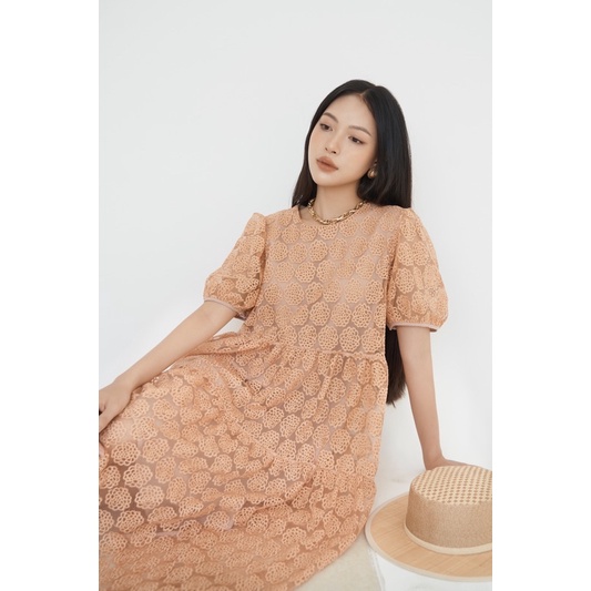 Đầm Ren Dáng Tầng Phom Suông Chất Liệu Ren Chỉ Thêu Cao Cấp Màu Vintage Phong Cách Hàn Quốc