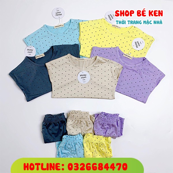 Bộ cộc tay cotton chấm bi chất thun lạnh cực bền màu cho bé từ 10 đến 22kg.