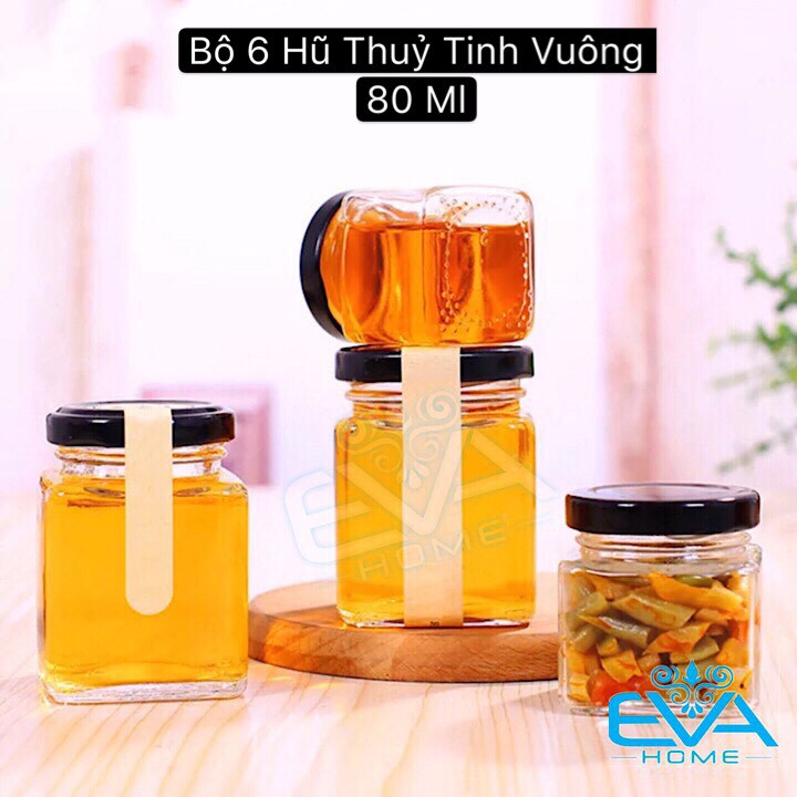 Bộ 6 Hũ Thủy Tinh Vuông Nắp Vặn Dung Tích 80 ML