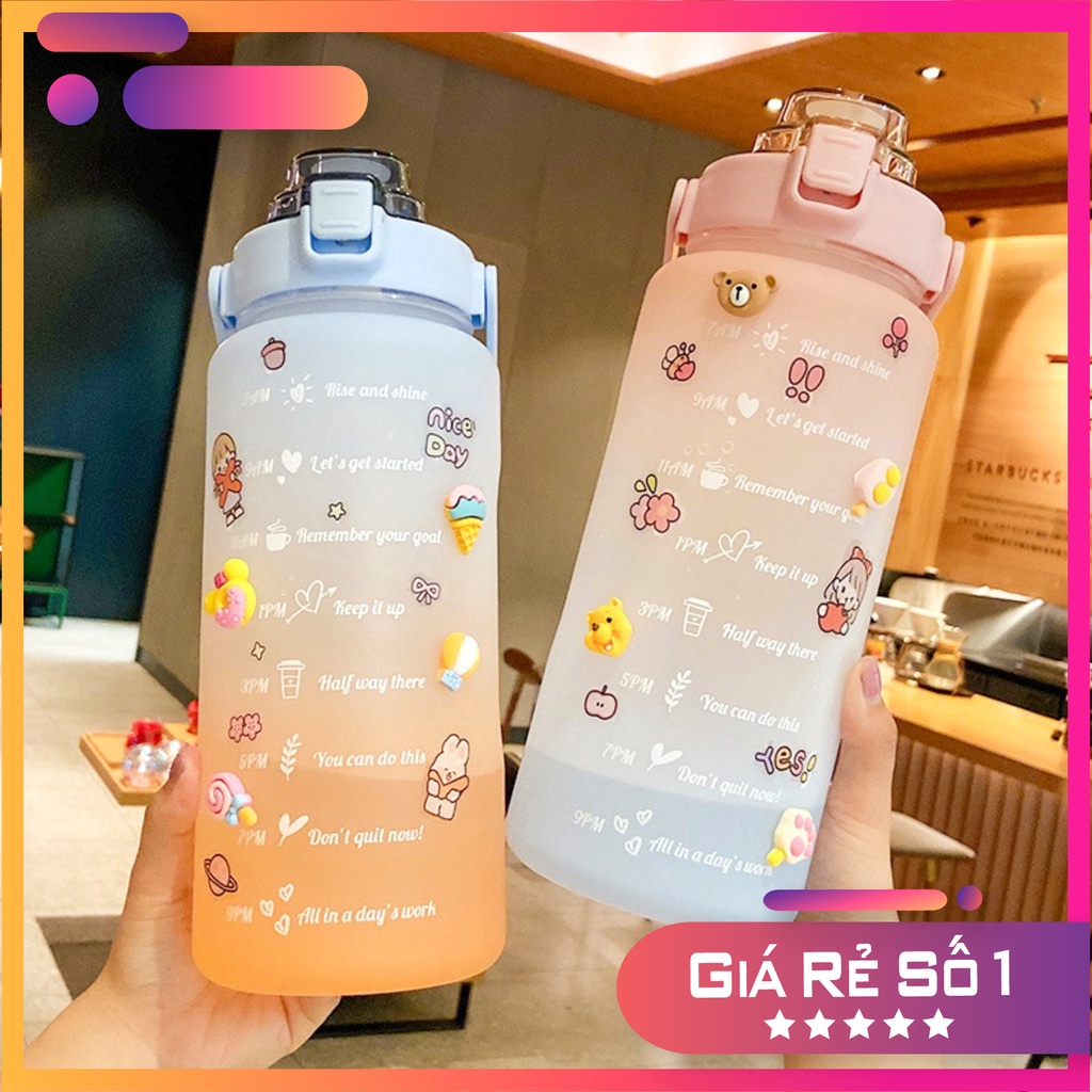 Bình nước 2 lít  dành cho người lười uống nước bình nước cute 2L có ống hút, vạch chia nhắc giờ