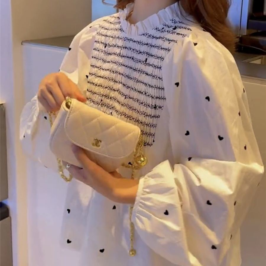 Áo sơ mi tay phồng in họa tiết trái tim phong cách retro mùa thu 2021 cho nữ