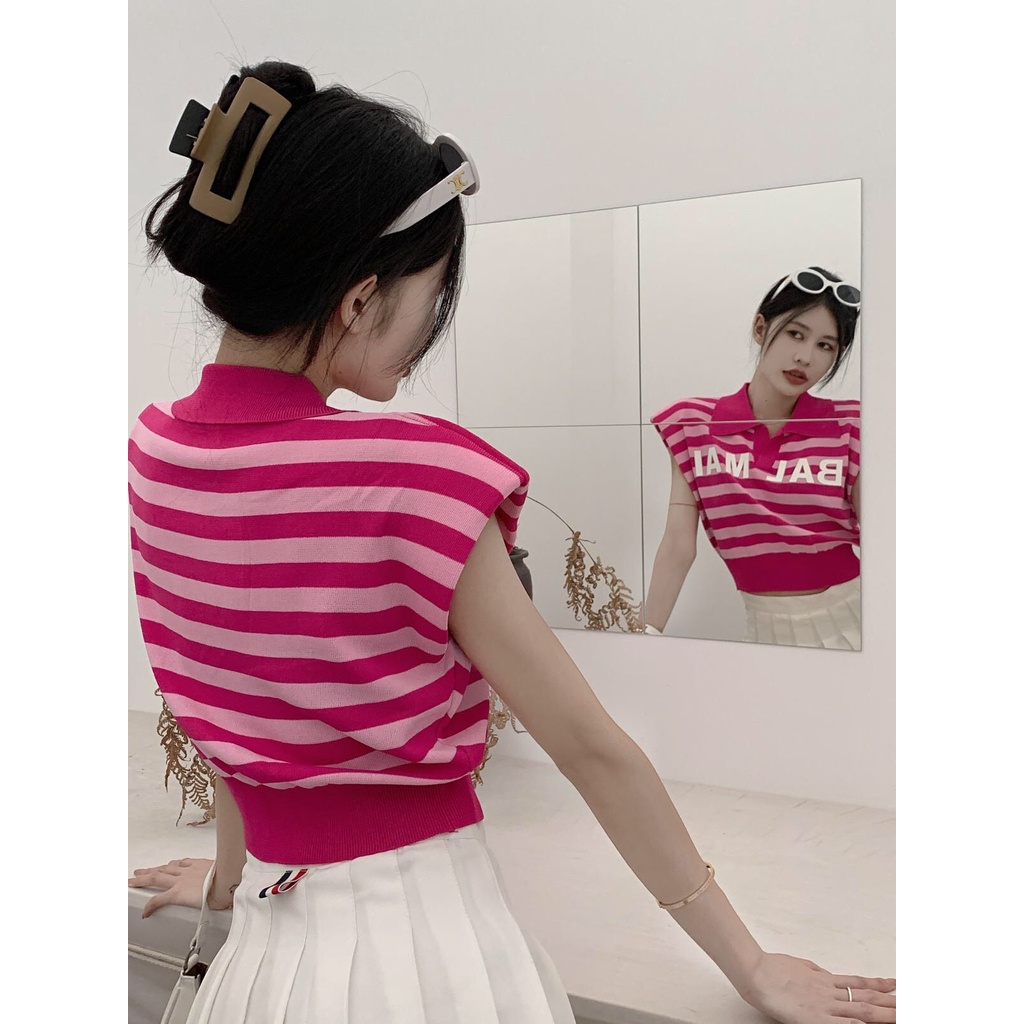 Áo POLO Dệt Kim Trễ Vai Kẻ Sọc Ôm Dáng Thời Trang Hàn Quốc Cho Nữ