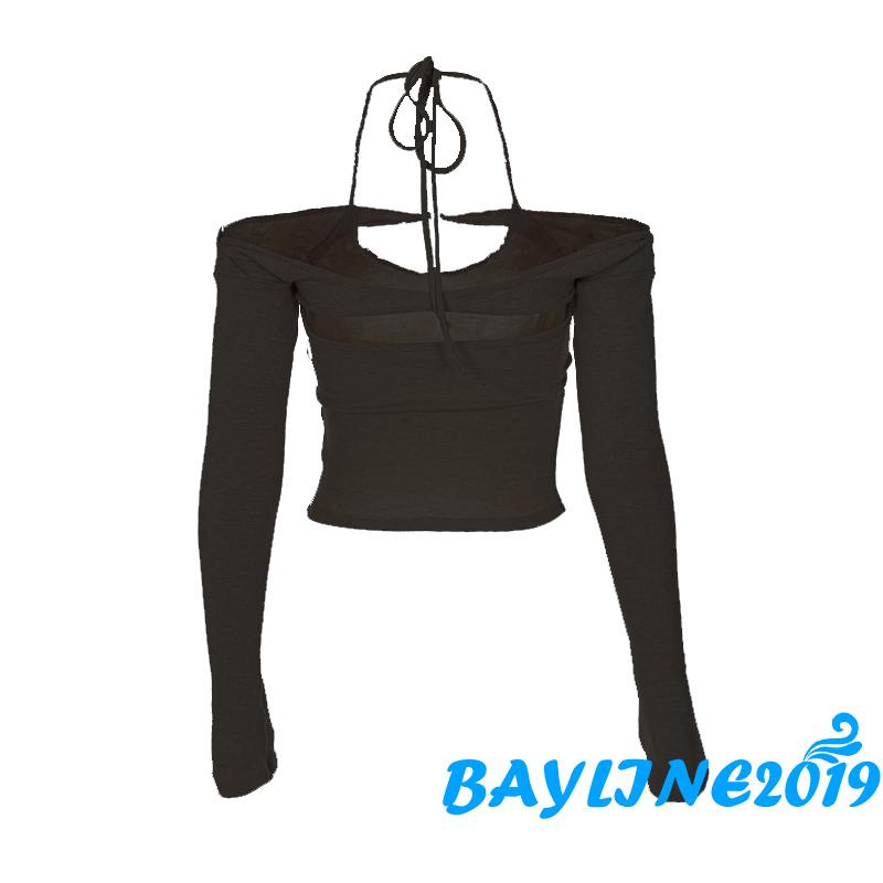 Áo croptop cotton cổ yếm dài tay chất mỏng màu trơn cho nữ