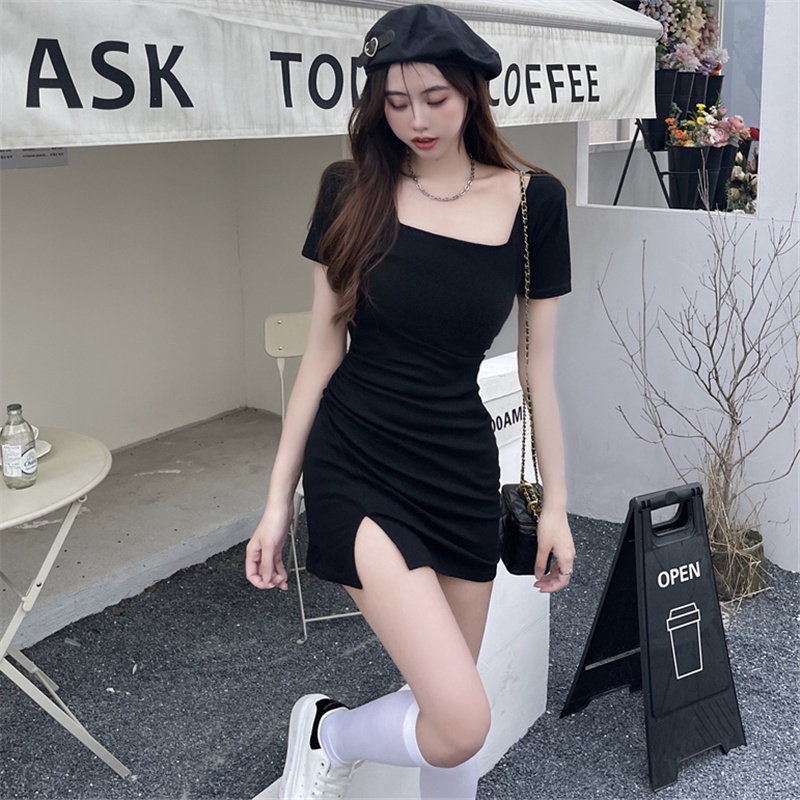 Đầm SUXI màu đen tay ngắn cổ vuông ôm dáng quyến rũ thời trang mùa hè