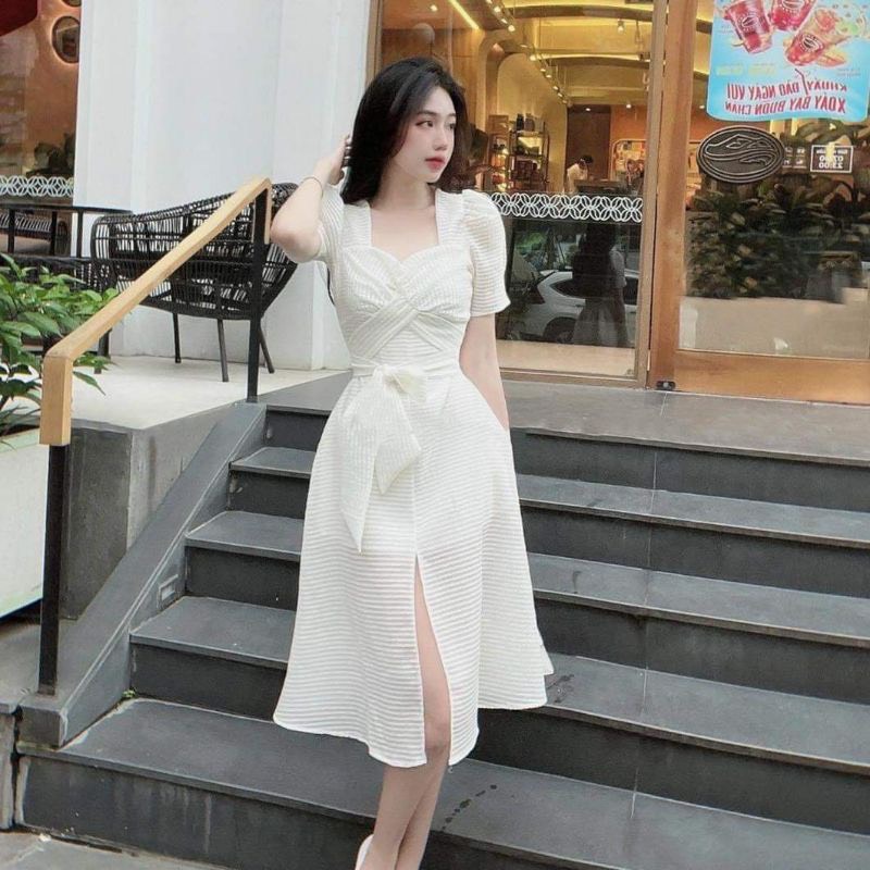 Đầm dạo phố cổ vuông đan chéo ngực cột nơ lưng xẻ tà nhẹ nhàng thanh lịch - HELEN dress