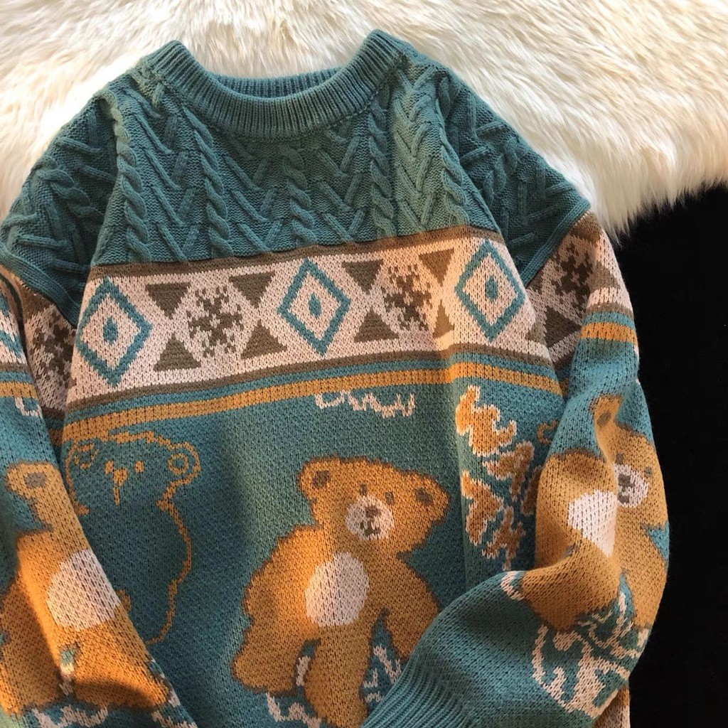 Áo sweater dệt kim in hình gấu phong cách retro thời trang thu đông cho nam và nữ