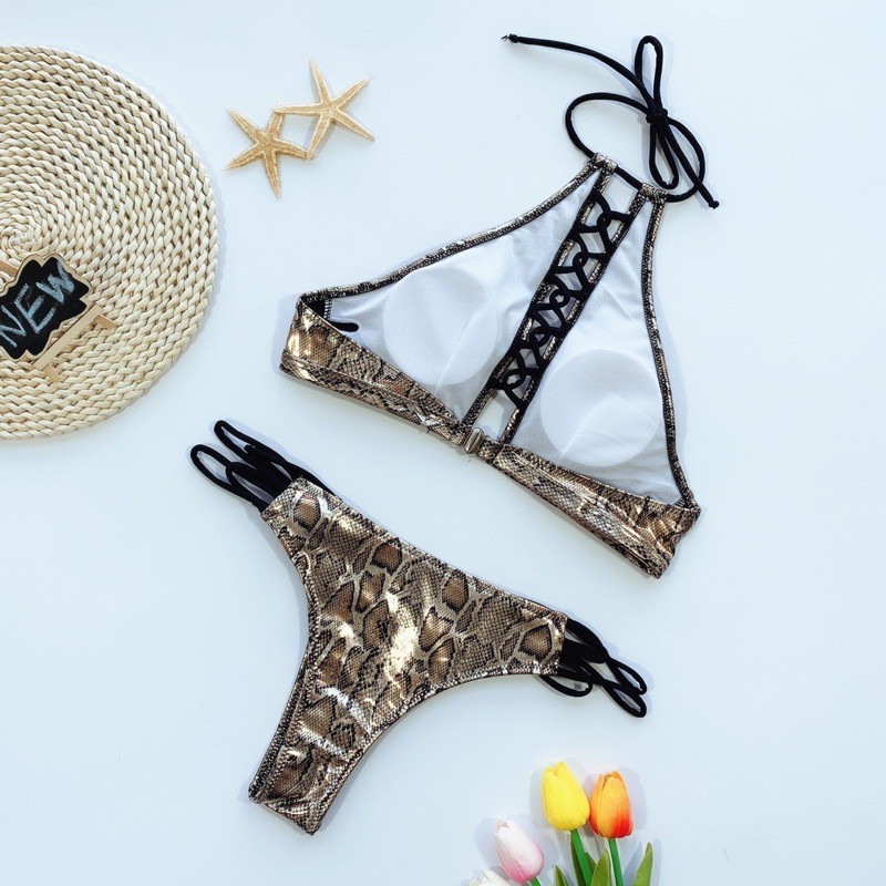 [BKN1132] &lt;ÂU&gt; SET BIKINI DA RẮN BÓNG ĐAN DÂY NGỰC QUẦN THONG/LỌT KHE