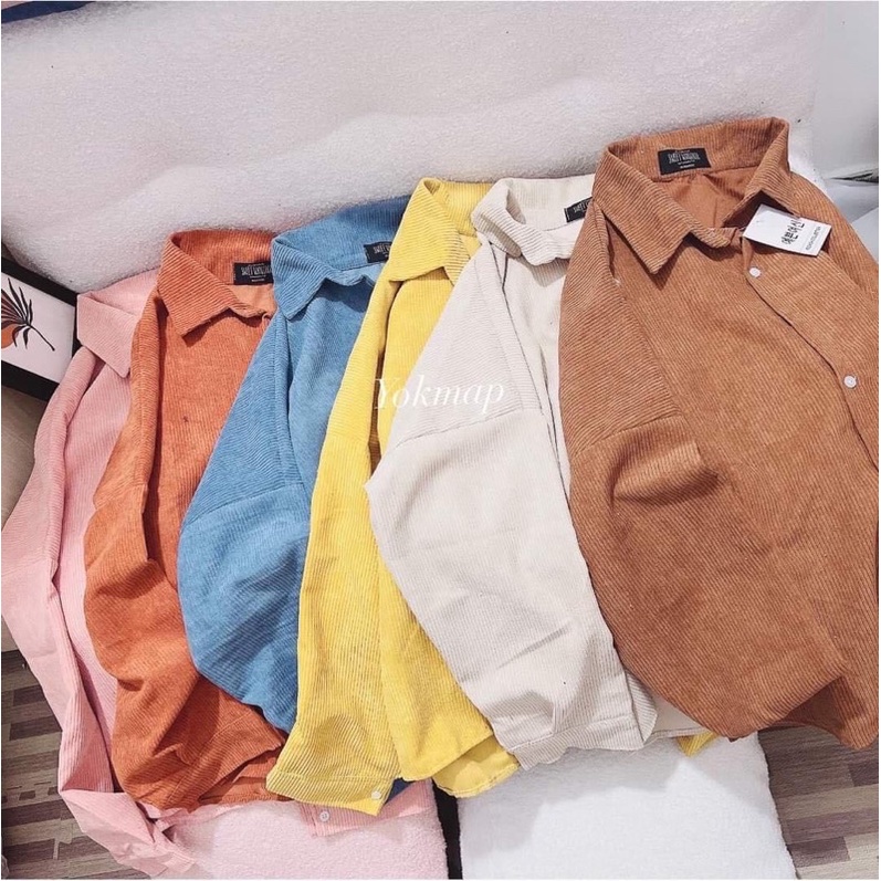 Áo khoác dáng sơmi cài nút kaki nhung gân trơn basic không túi unisex ulzzang nam nữ