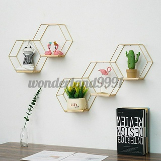 Kệ Treo Tường Hình Lục Giác Bằng Sắt Màu Đen / Vàng