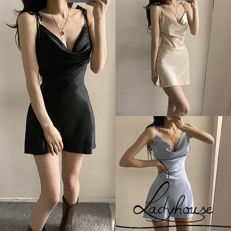 Đầm ngủ một mảnh cổ hai dây màu trơn phong cách gợi cảm cho nữ