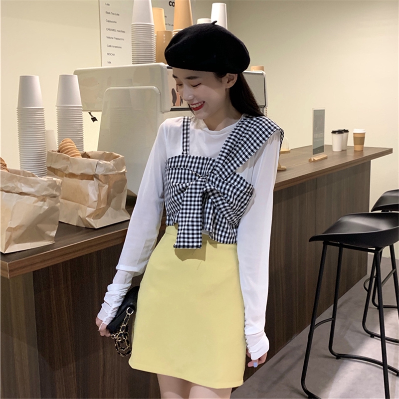 SUXI Korean Fashionable Mesh Long Sleeve Shirt + Plaid Shirt