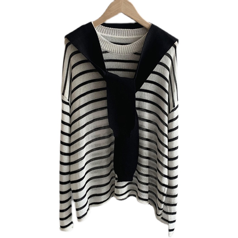 Set áo sweater SUXI dệt kim tay dài dáng rộng họa tiết kẻ sọc có khăn choàng cổ phong cách Hàn Quốc thời trang